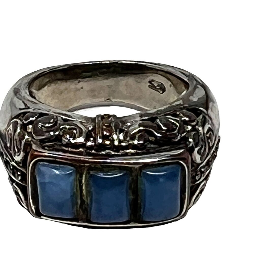 Womens Sterling Silver Ring Blue Stones Ornate Metal Work Size 5 3/4‎